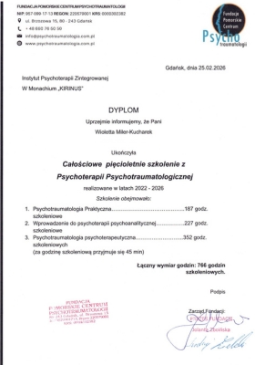 Dyplom ukończenia całościowego pięcioletniego szkolenia z Psychoterapii Psychotraumatologicznej